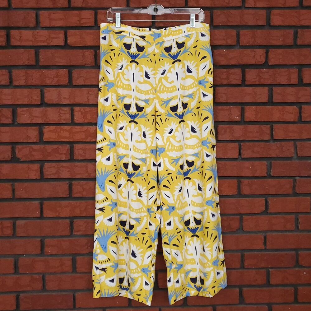 NEW Philosophy Wide Leg Linen Blend Pants Womens L Yellow Floral Printed Funky